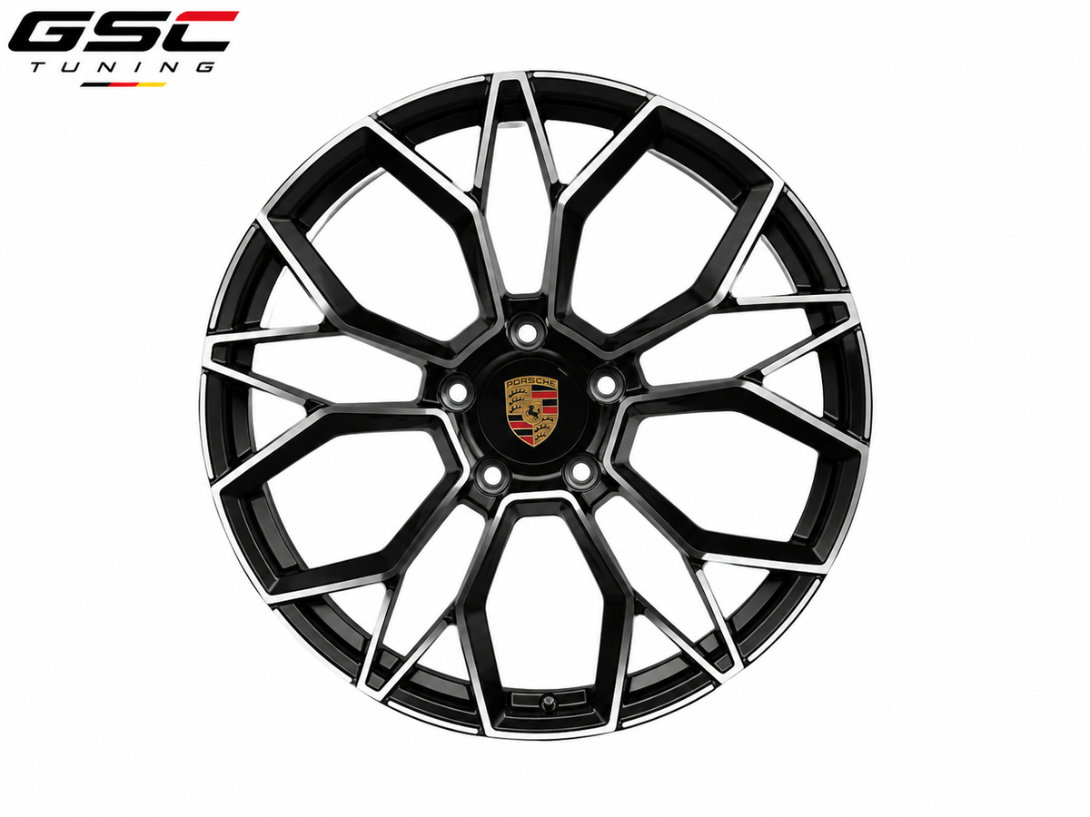 GSC Porsche Forged Aluminum Wheel – Gloss Black & Machined Silver Geometric Performance Design