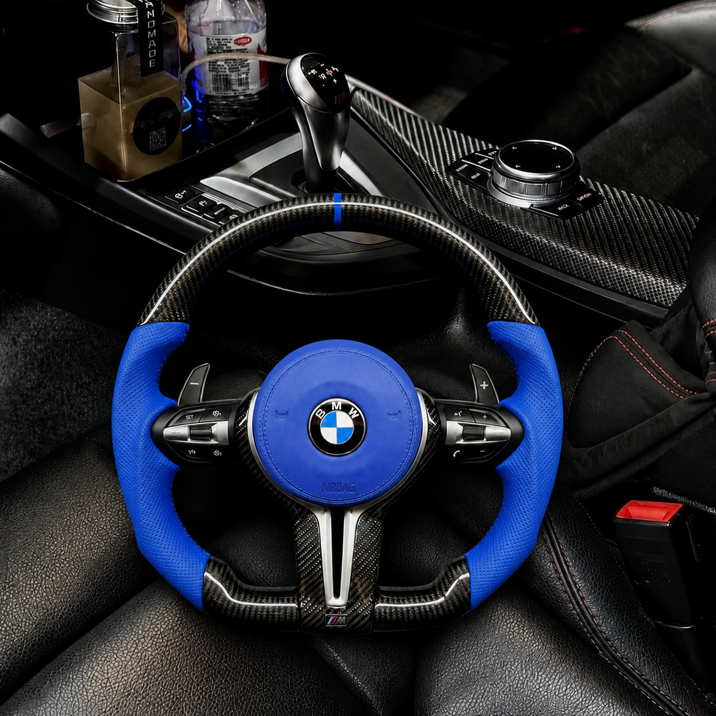 BMW F SERIES D-SHAPE STEERING WHEEL IN CARBON FIBER WITH BLUE LEATHER GRIPS