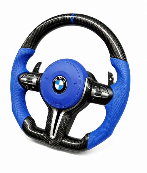 BMW F SERIES D-SHAPE STEERING WHEEL IN CARBON FIBER WITH BLUE LEATHER GRIPS