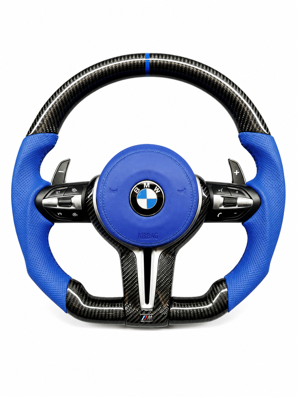 BMW F SERIES D-SHAPE STEERING WHEEL IN CARBON FIBER WITH BLUE LEATHER GRIPS