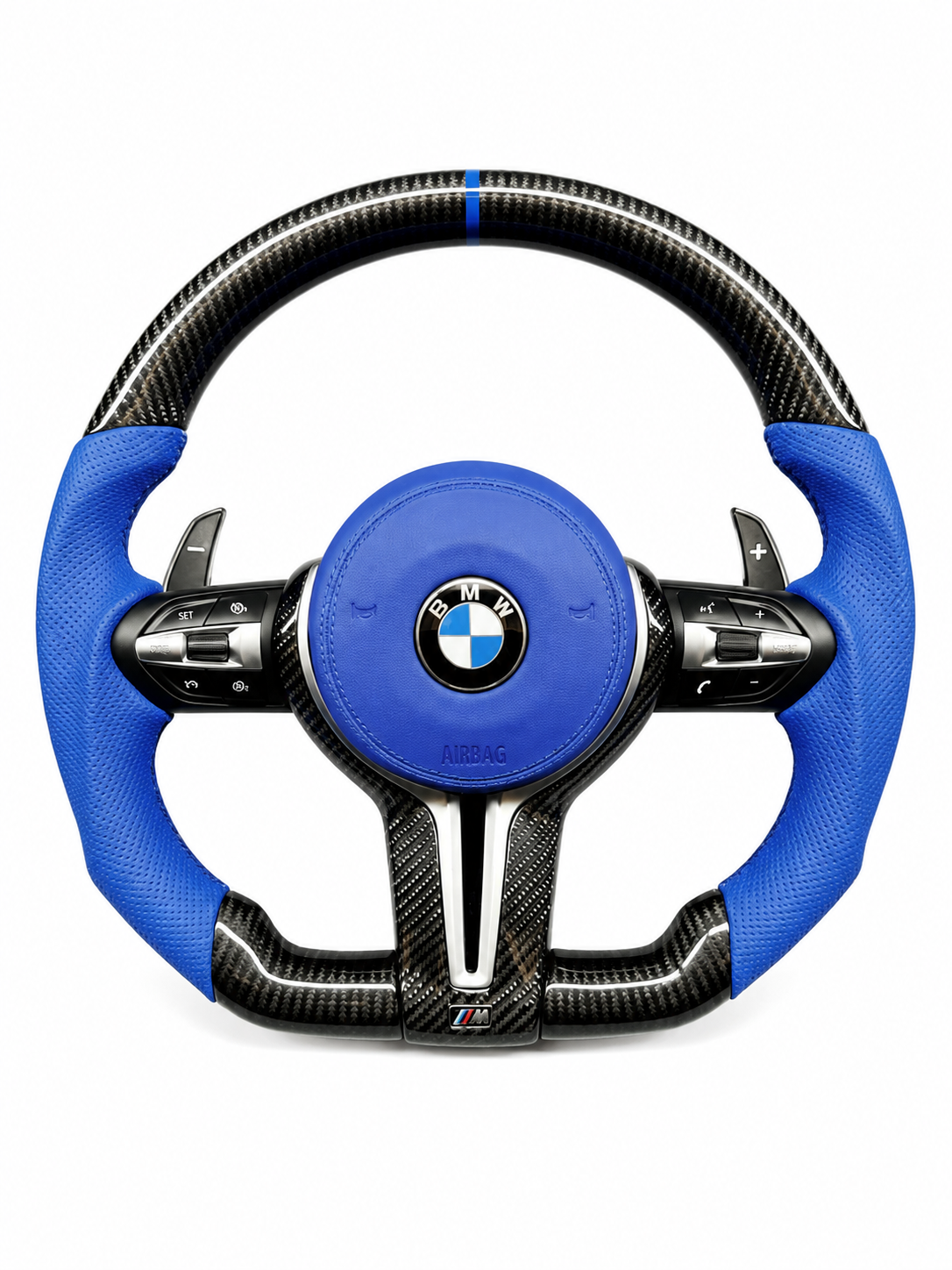 BMW F SERIES D-SHAPE STEERING WHEEL IN CARBON FIBER WITH BLUE LEATHER GRIPS