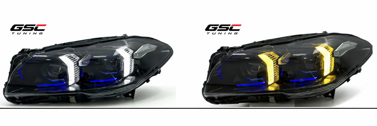 GSC LED Headlight Assembly Set for BMW 5 Series F10 / F18 – White / Yellow DRL Style