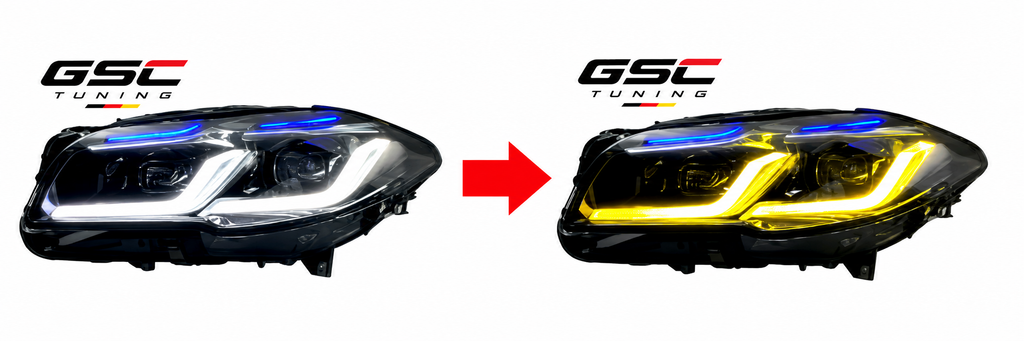GSC Thunder Style Dual-Color LED Headlight Assembly Set for BMW 5 Series G38 – White / Yellow DRL