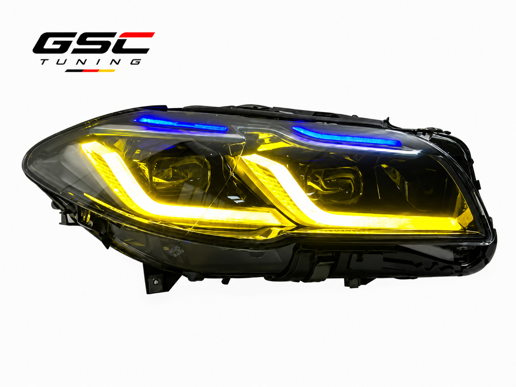 GSC Thunder Style Dual-Color LED Headlight Assembly Set for BMW 5 Series G38 – White / Yellow DRL