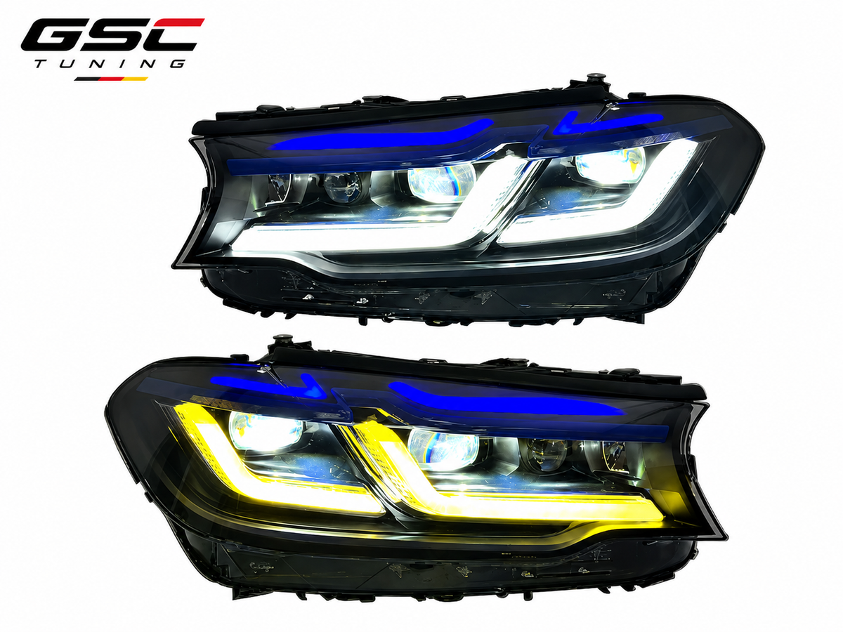GSC M5 Competition Style Double Blue-Brow LED Headlight Assembly Set for BMW 5 Series G30 / G38 2018-2020 – Single-Color & Dual-Color Versions
